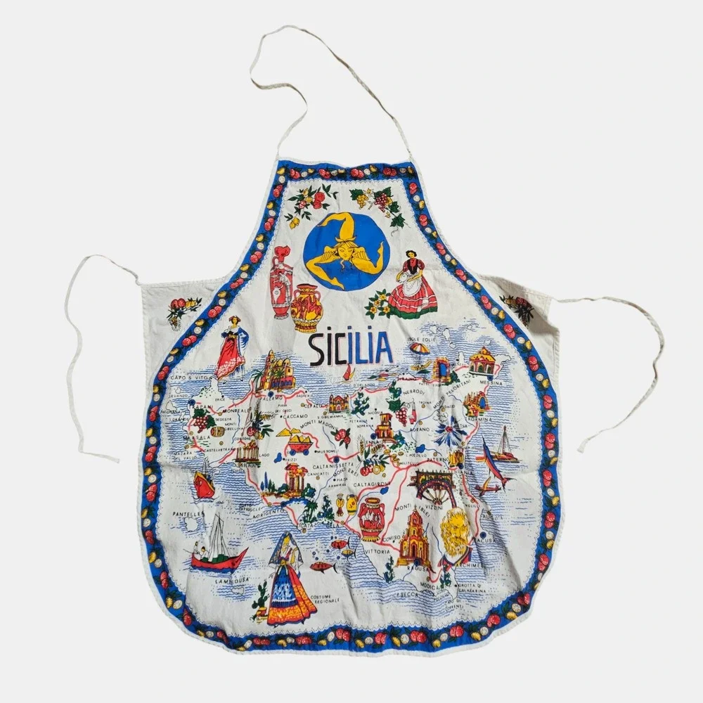 Vintage Sicilia Sicily‎ Map Art Cooking Apron People Town Cities Italy Cotton